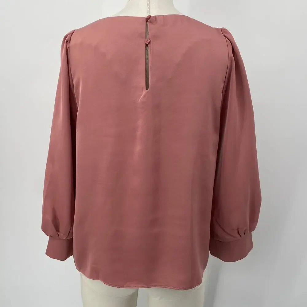 Tuckernuck Pomander Place Farah Blouse Long Puff Sleeve Satin Mauve Pink XS